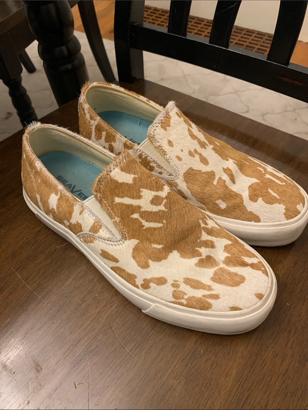 SeaVees Women's Slip-On Sneakers in White and Brown Cowhide Print